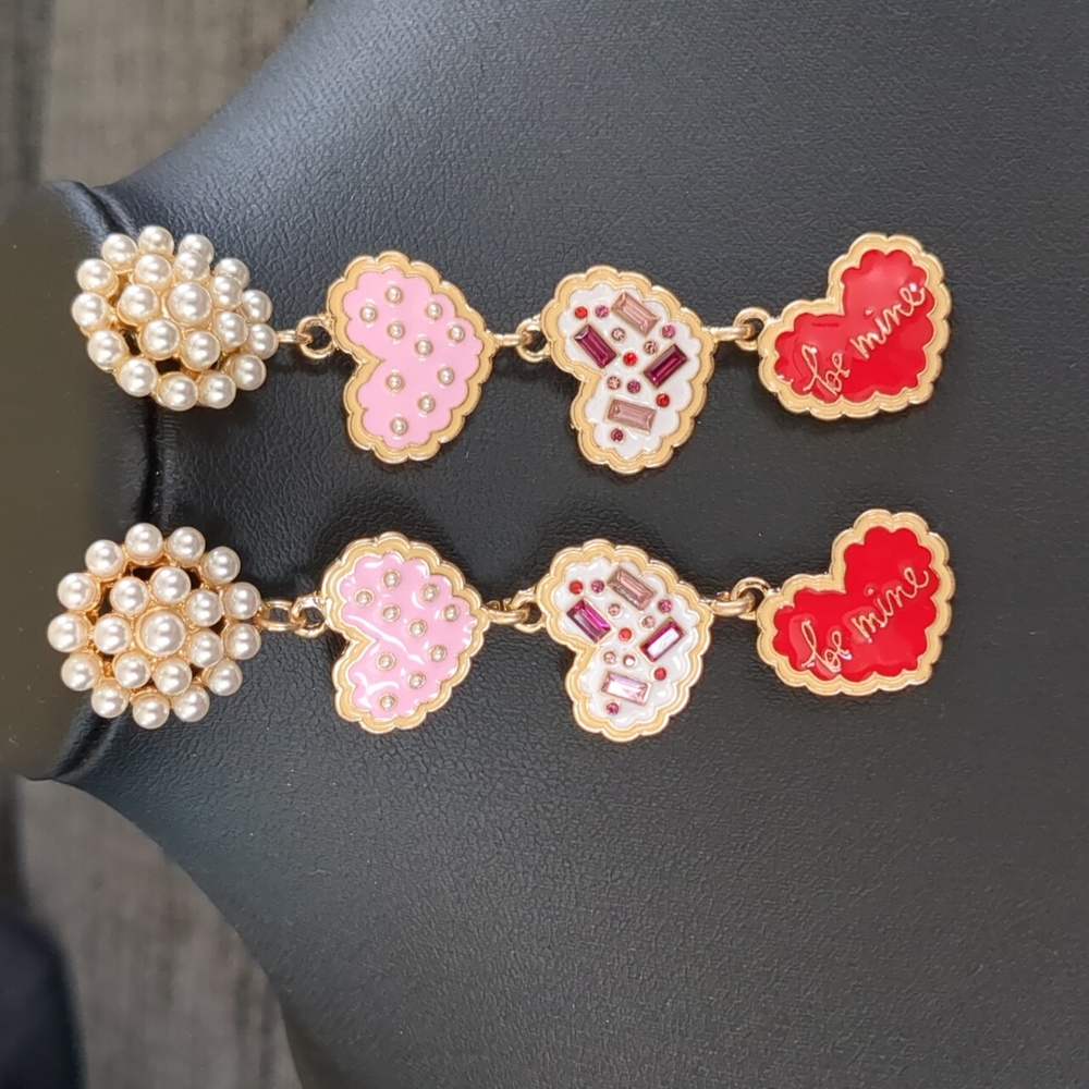 Pearl Cluster Stud With Linked Heart Enamel Earrings